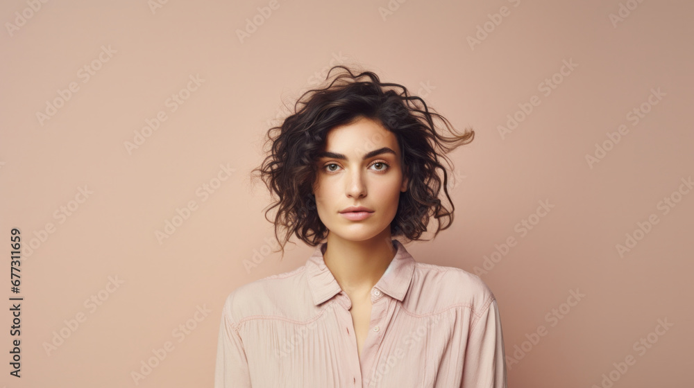 Serene woman with curly hair, subtle makeup, in a pink shirt on a peach background Serene woman with curly hair, subtle makeup, in a pink shirt on a peach background