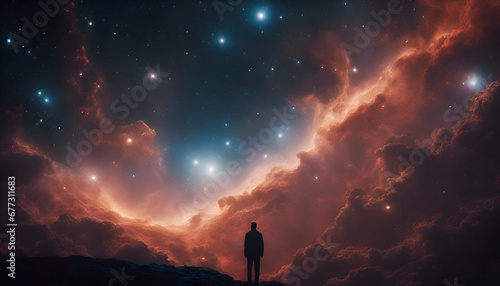 Man looking at the stars in the night sky. 3d rendering