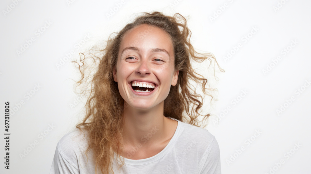 Joyous young woman with wild curls laughing on a white background Joyous young woman with wild curls laughing on a white background