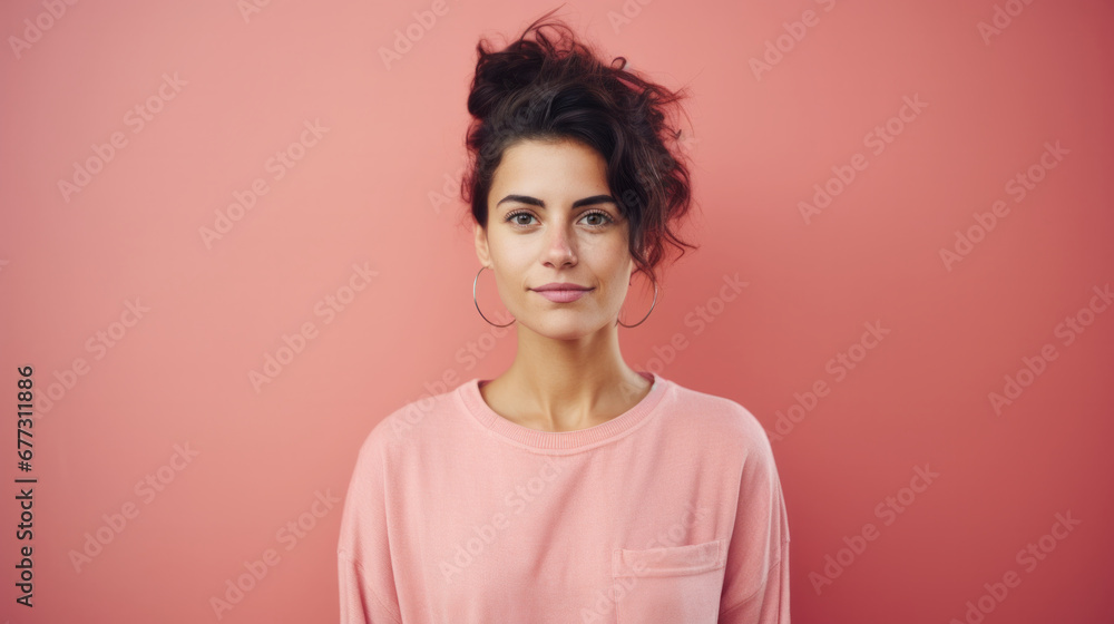 Stylish woman with a messy bun in a pink sweatshirt on a coral background. Stylish woman with a messy bun in a pink sweatshirt on a coral background.