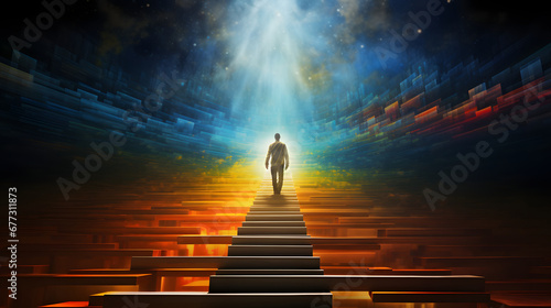 Man climbs steps towards a bright light, futuristic fractal abstract- landscape photo