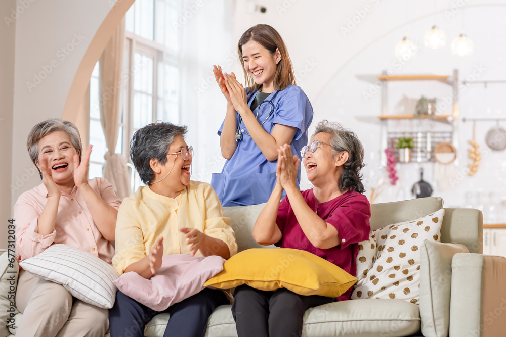 Portrait happy elderly people, doctor talking together, consulting mental health, smiling with happiness, sitting in indoor nursing home, community. Retirement, Healthcare Concept. Portrait happy elderly people, doctor talking together, consulting mental health, smiling with happiness, sitting in indoor nursing home, community. Retirement, Healthcare Concept.