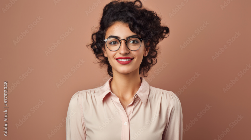 Charming woman with curly hair and glasses on a blush pink background Charming woman with curly hair and glasses on a blush pink background