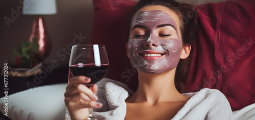 Happy woman with a mask on her face and a glass of wine. Portrait, banner.