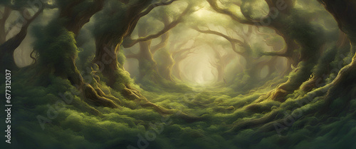 Fantasy landscape with green forest and fog. 3d render illustration