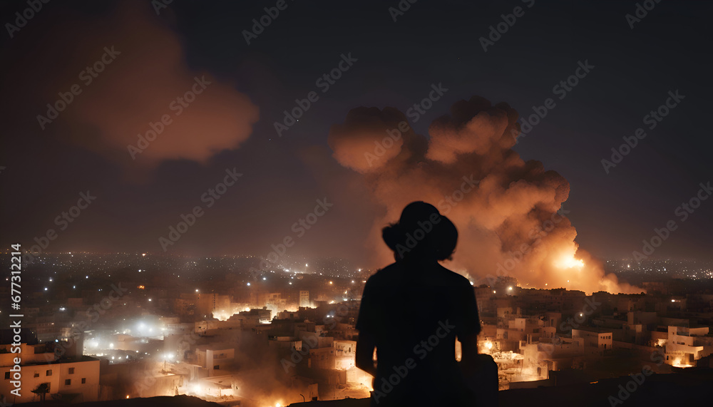 Silhouette of a woman against the background of the city at night