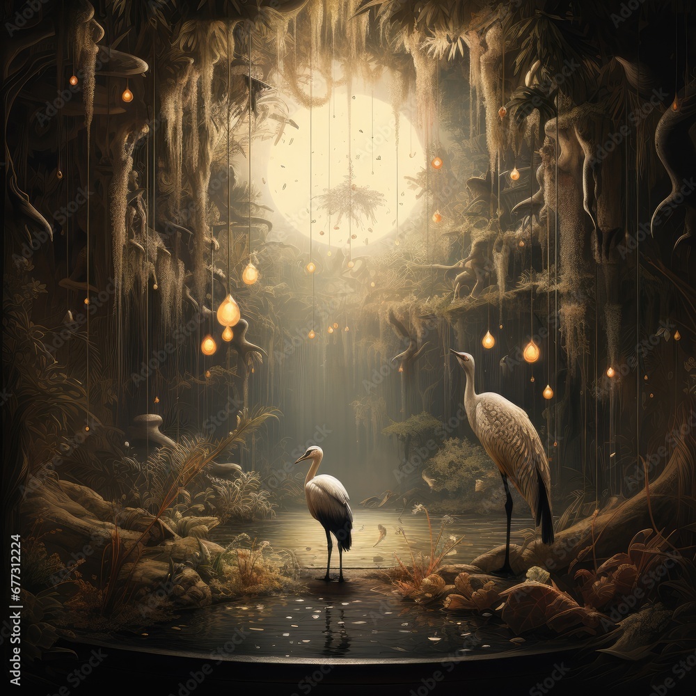 Fototapeta premium a painting of two birds standing in the middle of a forest with a light at the end of the tunnel.