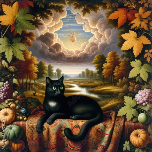 A Renistanc Panting of a Black Cat