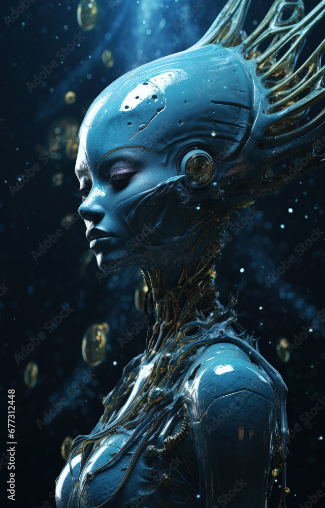 alien woman in space with a space ship in the background, in the style of marine biology-inspired. alien woman in space with a space ship in the background, in the style of marine biology-inspired.
