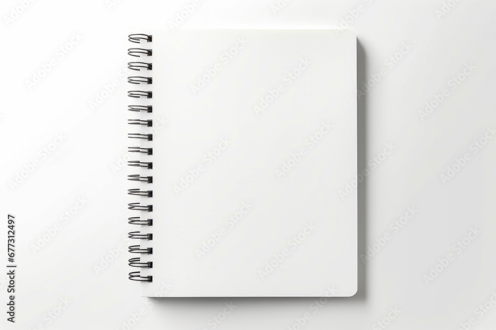 Spiral notebook with blank page on top of it, on white surface. Spiral notebook with blank page on top of it, on white surface.