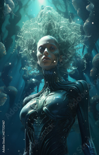 alien woman in space with a space ship in the background, in the style of marine biology-inspired.