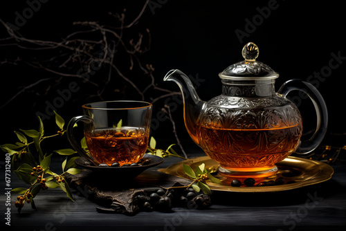 Tea pot and cup of tea on table with leaves.