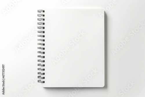 Spiral notebook with blank page on top of it, on white surface.