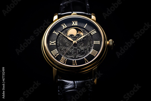 Gold watch with black dial and moon on the face.