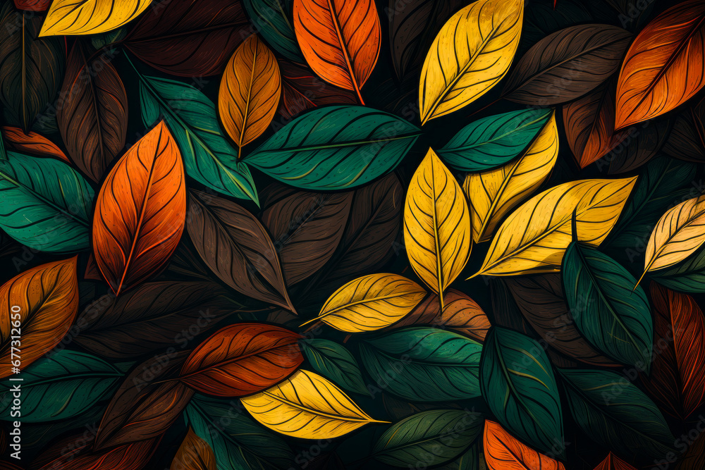 Colorful background with leaves of different colors and sizes on it.