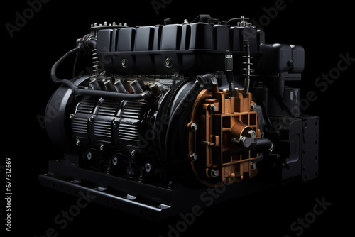 Close up of large engine on black background with black background.