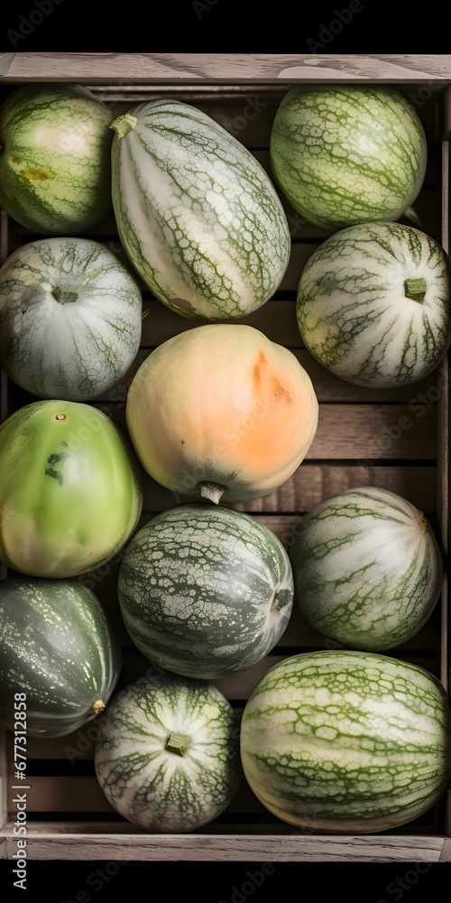 Various types of melons in a wooden box on a black background