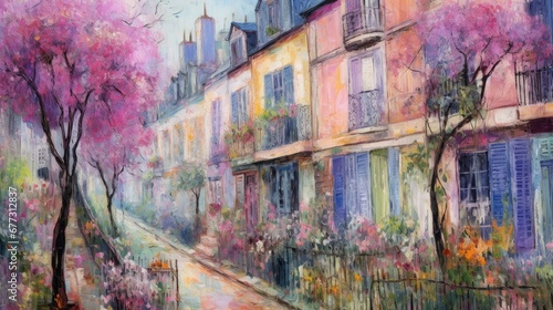  a painting of a city street with trees and flowers in the foreground and a building with blue shutters in the background. © Anna