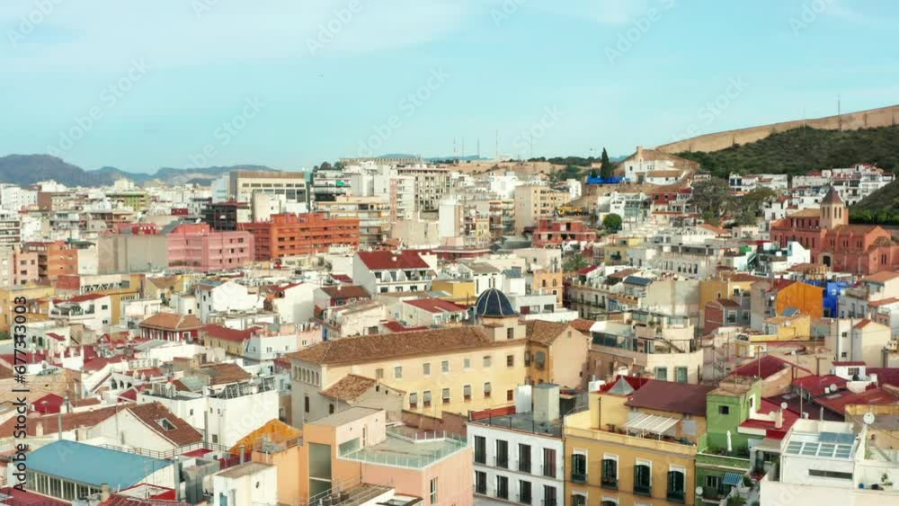 Old town Alicante Spain drone shot early morning. colorful apartment buildings Old town Alicante Spain drone shot early morning. colorful apartment buildings