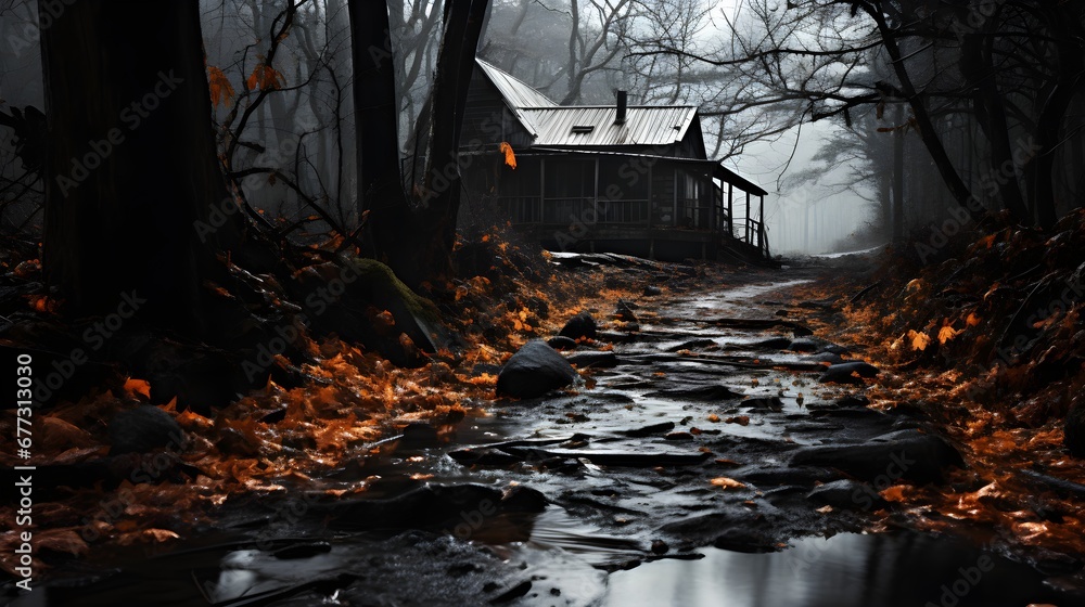 house in the forest in the winter house in the forest in the winter