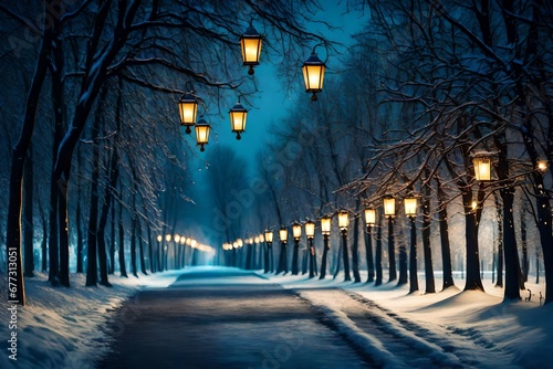 Winter alley in park and shining lanterns. Night shot.