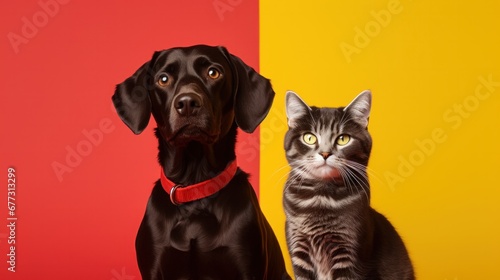 image of a dog and cat against a vivid yellow backdrop