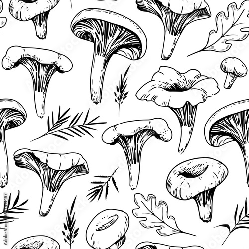 Chanterelle mushrooms seamless pattern design, vector illustration.