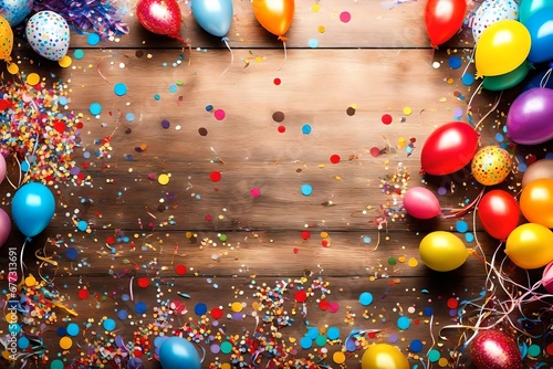 Birthday party background border with baloons and confetti
