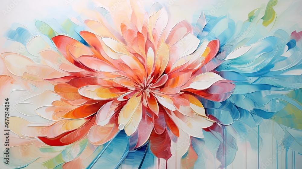 a painting of a colorful flower on a white wall with a blue and red flower in the center of the painting. a painting of a colorful flower on a white wall with a blue and red flower in the center of the painting.