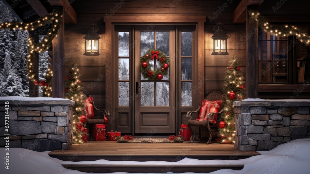  a house decorated for christmas with a wreath and wreath on the front door and a wreath on the front door.