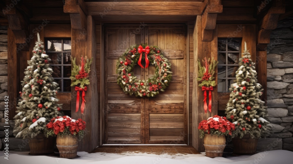 a couple of christmas wreaths sitting on top of potted plants in front of a wooden door with a wreath on it. a couple of christmas wreaths sitting on top of potted plants in front of a wooden door with a wreath on it.