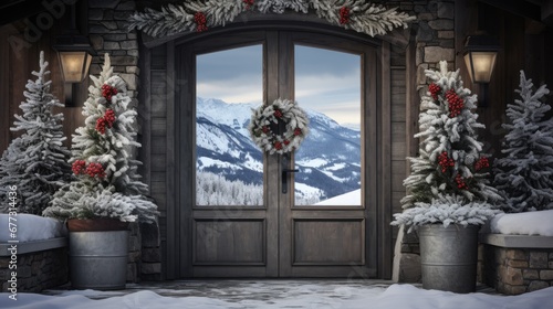  a winter scene of a front door with christmas wreaths and wreaths on the side of the door and a snowy mountain in the background.