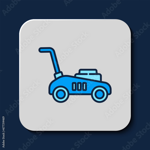 Filled outline Lawn mower icon isolated on blue background. Lawn mower cutting grass. Vector