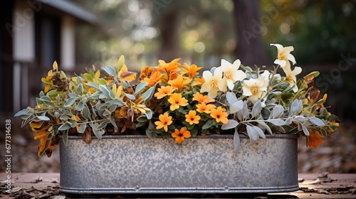  a planter filled with lots of flowers sitting on top of a wooden floor next to a tree filled forest.