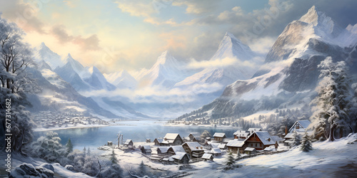 Beautiful highly detailed fantasy landscape with snow and winter wonderland. stormy clouds, Christmas village in the mountains. Generative AI