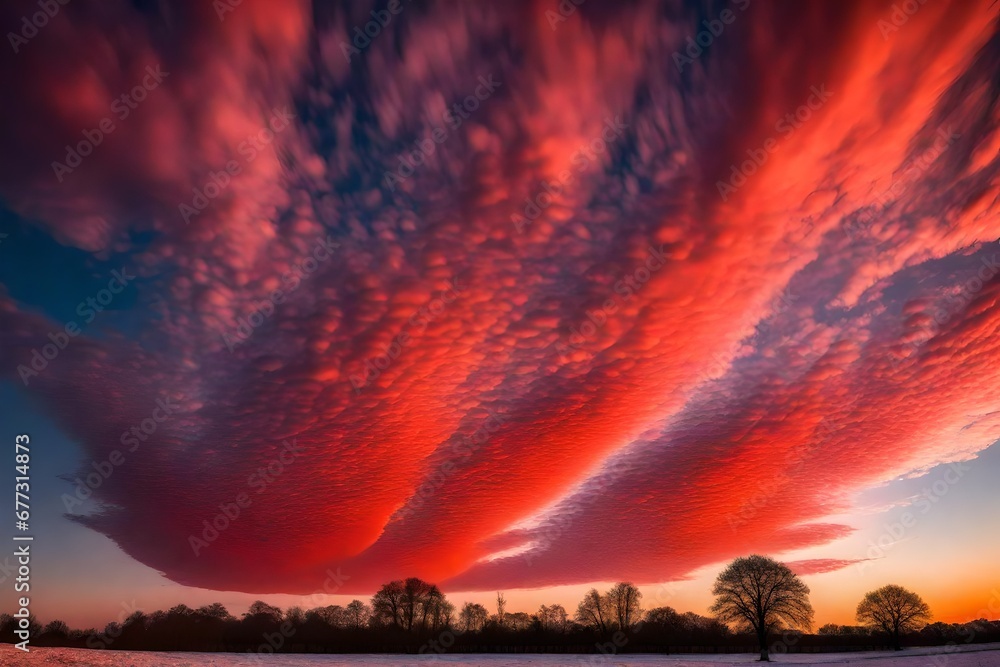 Winter red sky with cirro-cumulus clouds