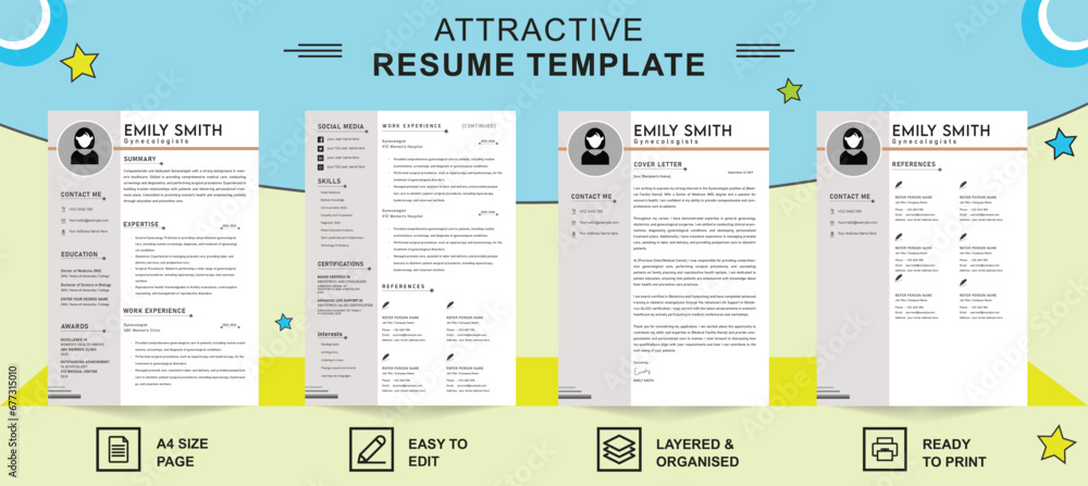 resume templates and cover letter 2024, Gynecologist resume, professional resume, Clean Modern Resume and Cover Letter Layout Vector Template for Business Job Applications, Minimalist resume template - obrazy, fototapety, plakaty 