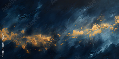 Dark blue textured oil paint wit golden elements, abstract background photo