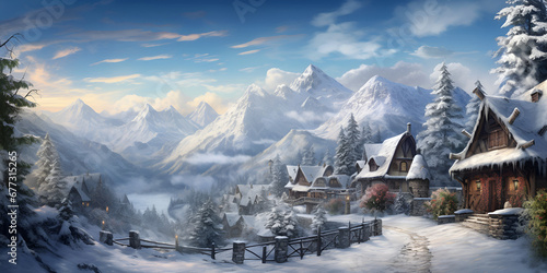 winter storm city in the icy mountains covered by snow, desolate, gloomy, A scene straight out of a winter fairy tale with snowcovered landscapes, Christmas village in the mountains. Generative AI