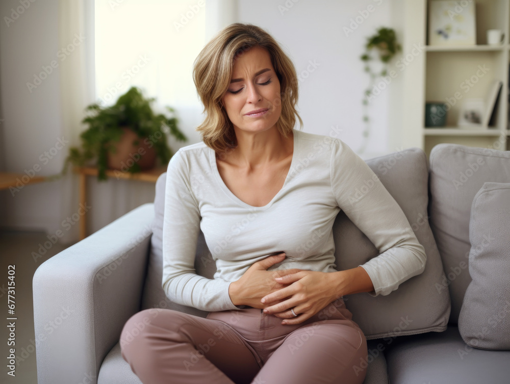 Female Sitting on Couch in Living Room, Experiencing Stomach Ache Female Sitting on Couch in Living Room, Experiencing Stomach Ache