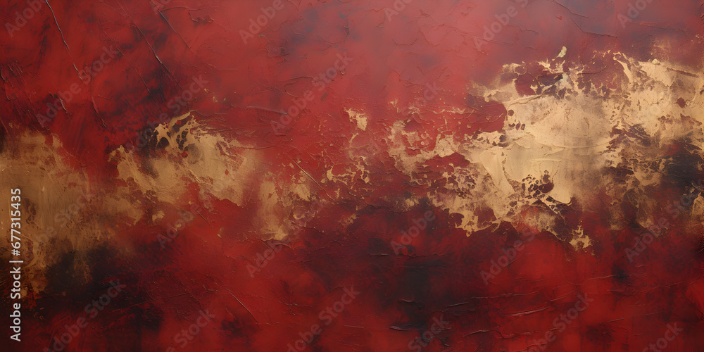 Dark red textured oil paint wit golden elements, abstract background - obrazy, fototapety, plakaty 
