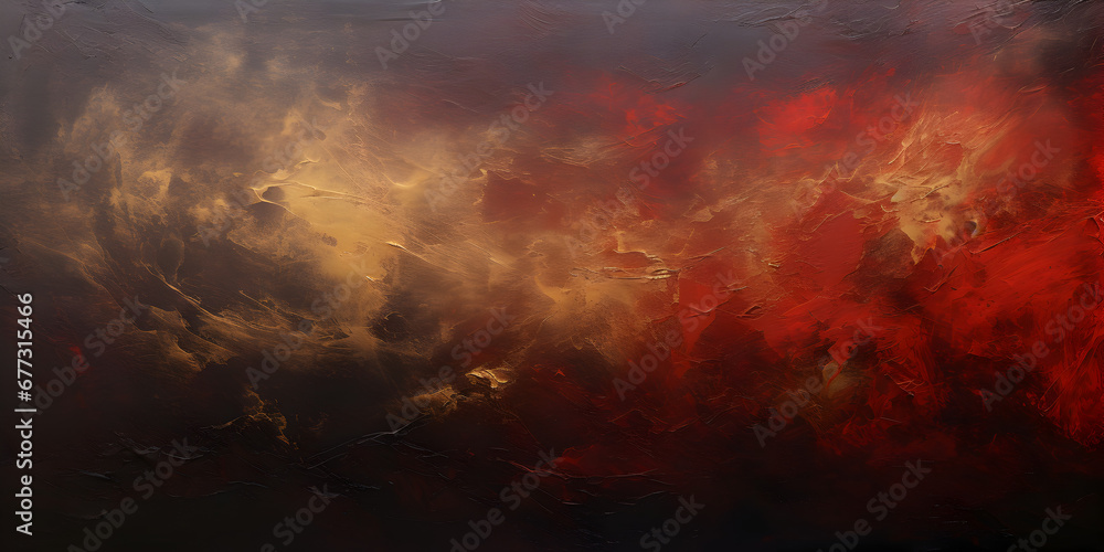 Dark red textured oil paint wit golden elements, abstract background