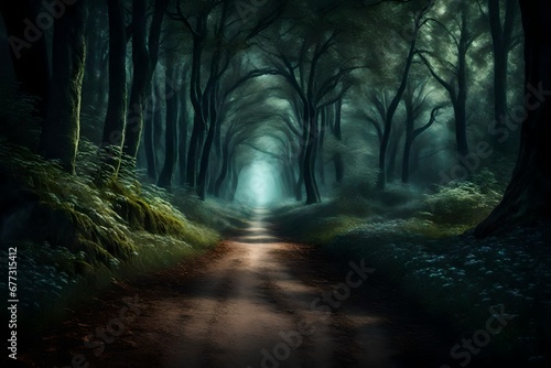 Road in magic dark forest