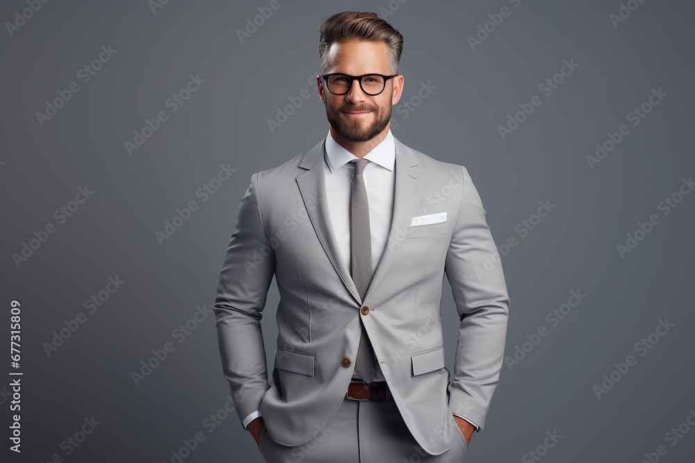 confident businessman wearing suit and tie on gray background confident businessman wearing suit and tie on gray background