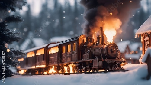 fire in the snow A burning magical train exploding, on fire, on a cozy day in the winter. 