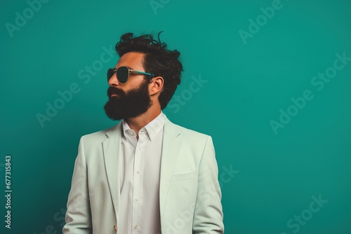 confident businessman wearing sunglasses on blue background © dianaorozco