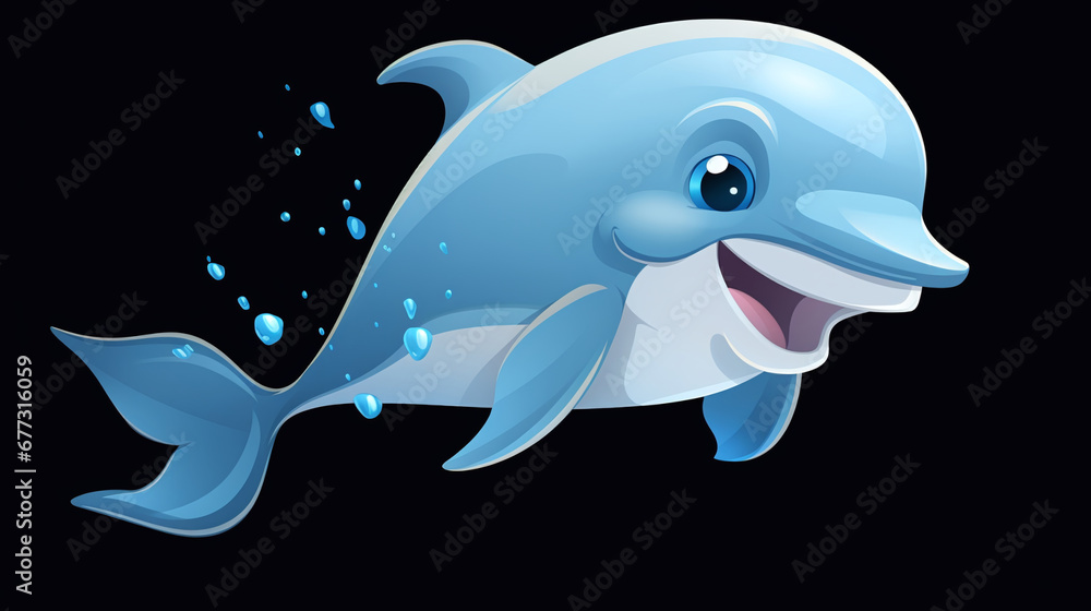 Obraz premium Cartoon blue dolphin isolated on dark background, icon or logo for aquarium.