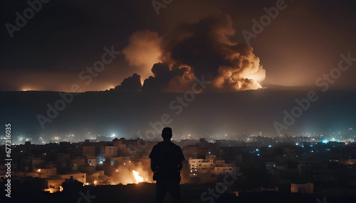 Silhouette of a man standing in front of a burning city