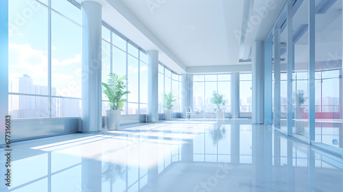 The hall of an office or medical institution with panoramic windows and perspective, with a blurred background of light, © Ash
