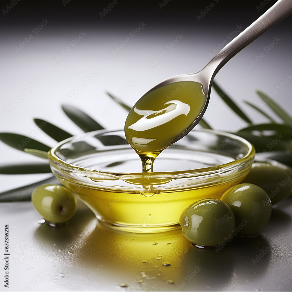 simple still life with spoon filled with olive oil and olives and leaves from olive tree as decortation isolated against white background simple still life with spoon filled with olive oil and olives and leaves from olive tree as decortation isolated against white background